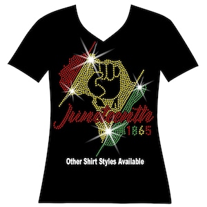 Africa Junteenth Fist RHINESTONE Mega Bling Shirt, Woman&#39;s Black Independence Day Bling Ladies Civil Rights Bling I am Black History Melonon