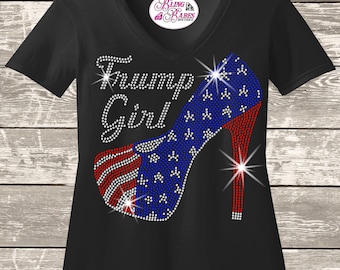 Trump Girl Rhinestone Shirt: Sparkly USA Flag High Heel Design