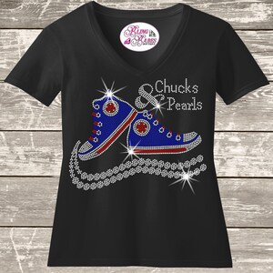 Chucks and Pearls Red White and Blue Colors RHINESTONE Mega Bling Shirt, Custom Sorority Bling Shirt, Ladies Sorority Sisters Bling Shirt