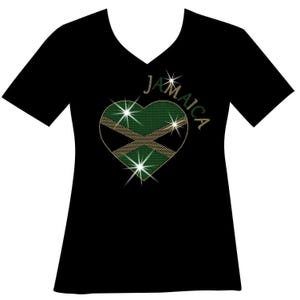 Jamaican Heart Flag RHINESTONE Mega Bling Shirt, I Love Jamaica, One Love Bling Shirt, Red Green and Gold Bling Jamaica Day Bling Bob Marley