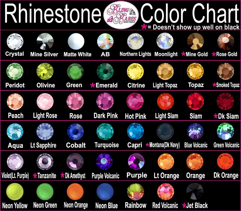 Rhinestone color chart displaying all available rhinestone colors for custom apparel, personalized designs, and custom bling creations from Bling Babes Boutique. 💎