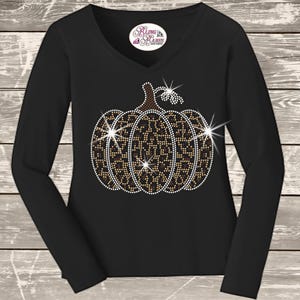 Leopard Pumpkin Shirt, Rhinestone Fall Harvest Tee, Cheetah Print Pumpkin Bling Top, Thanksgiving Shirt, Autumn Pumpkin Outfit for Women