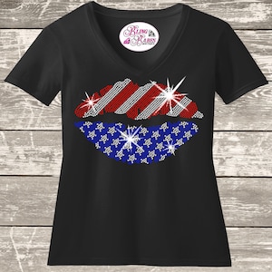 Rhinestone Lips Shirt: Patriotic Sparkle - Red White Blue Tee