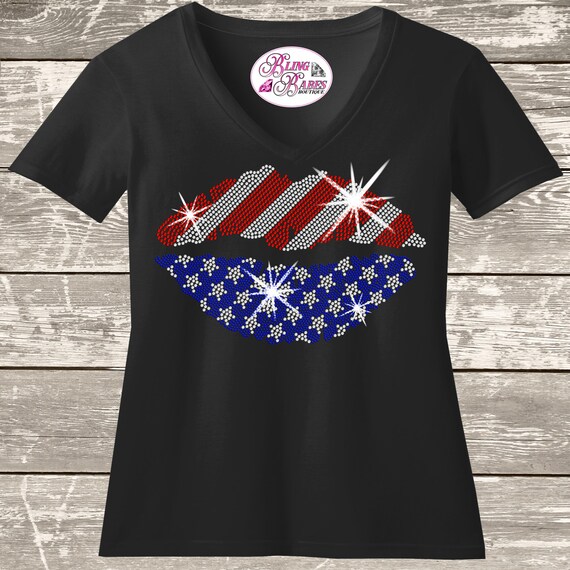 Rhinestone Lips Shirt: Patriotic Sparkle - Red White Blue Tee
