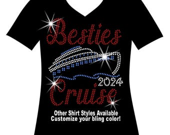 Besties Cruise Rhinestone Shirt with Cruise Ship – Matching Girls Trip Outfit, Vacation Tee, Sparkly Travel Shirt, Friend Group Top