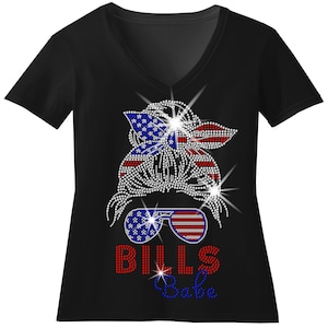 Football Babe Shirt, Rhinestone Girl with Bun Tee, Red White Blue Football Fan Shirt, Flag Bandana Game Day Bling Top