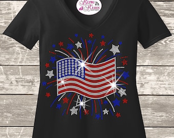 Patriotic Rhinestone T-Shirt: Wavy American Flag - Red White Blue Bling