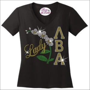 Orchid Sorority Ladies Rhinestone Shirt – Alpha Beta LBA Lady Lambda Inspired Bling Tee – Sparkly Sorority-Style Rhinestone Shirt
