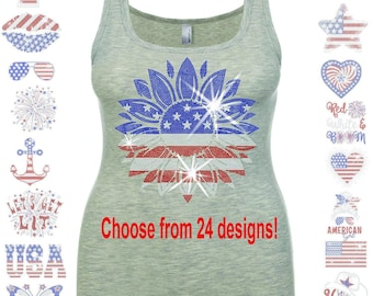Grey Ladies 4th of July Rhinestone Mega Bling Bodycon Fitted Long Tank, Choose your Design, American Pride, USA 1st, Patriot USA Flag Bling