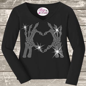 Skeleton Hands making a Heart Rhinestone Bling Shirt, Sexy Halloween Costume Top