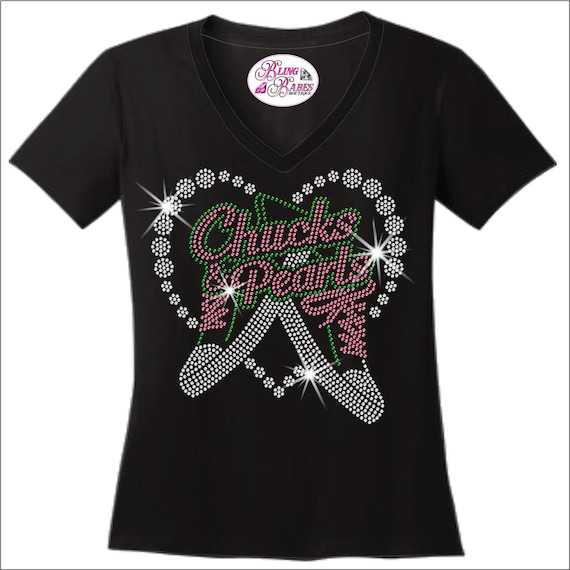 Chucks and Pearls Heart AKA colors RHINESTONE Mega Bling Shirt Pinky Up Bling Oh So Pretty Pink and Green Bling Alpha Kappa Alpha 1908 T Etsy