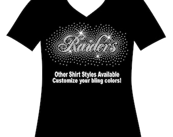 Cursive Raiders with a Firework Splash Around it Rhinestone Bling Shirt, Sunday Football Mom Sparkle Highschool Football Pop Warner College