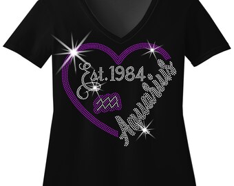 Aquarius Zodiac Heart Rhinestone Shirt, Custom Year Birthday Tee