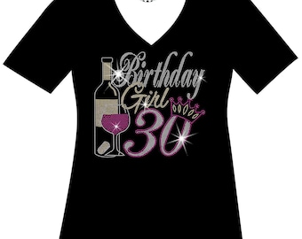 Birthday Girl Rhinestone Shirt, Custom Age Bling V-Neck Tee
