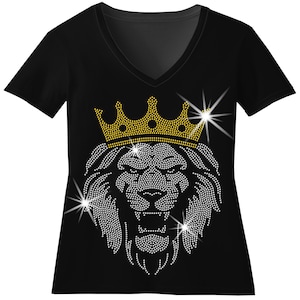 Custom Lion with Crown Rhinestone Bling Shirt Christ is King Lion Bedazzled  August Zodiac Crowned Regal Leo Lion Head Royal King Jungle Tee