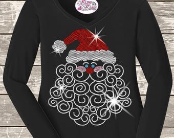 Christmas Swirly Santa Beard Rhinestone Mega Bling Shirt, Marry Christmas Spangle, Reindeer Sparkle Bling, Ladies Christmas Party Bling T