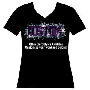 Custom Word Negative Space Block Varsity Font Firework RHINESTONE Mega Bling Shirt, Ladies Custom Football Shirt, Woman Custom Sports Bling