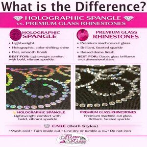 Comparison chart showing the difference between rhinestones and spangles, including sparkle, shine, texture, durability, and appearance options for custom bling apparel and personalized shirt designs.