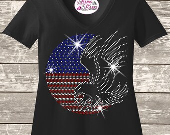 Patriotic Eagle RHINESTONE Mega Bling Shirt, Ladies July 4th Bling, Woman's 4th of July Shirt Independence Day Shirt, Family Fireworks Bling