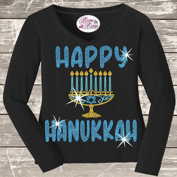 Happy Hanukkah MENORAH Candelabra Jewish Holiday Rhinestone Mega Bling Shirt, Menorah  Spangle, Jewish Sparkle Bling, Ladies Hanukkah Shirt