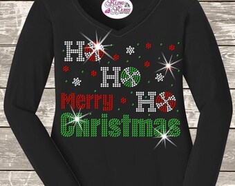 Ho Ho Ho Merry Christmas Shirt, Rhinestone or Spangle Holiday Tee, Sparkly Santa Christmas Top, Festive Gift for Her