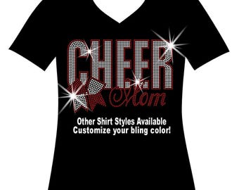Cheer Mom with Cheer Bow Rhinestone Bling Shirt Matching Cheer Mom Bedazzled Mommy Sweatshirt Cheer Competition Top Mothers Day Cheer Gift
