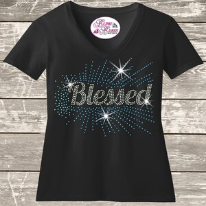 Blessed Rhinestone Shirt – Cursive Blessed Bling Tee with Fireworks – Sparkly Faith Statement Shirt