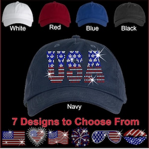 4th of July USA American Flag Rhinestone Bling Hat, Ladies Firework Red White and Blue Sparkly Stars and Stripes Adjustable Unstructured Hat