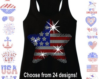 Ladies 4th of July Rhinestone Mega Bling Racerback Tank Choose you Design Independence Day Spangle American Pride USA 1st Patriot USA Flag T