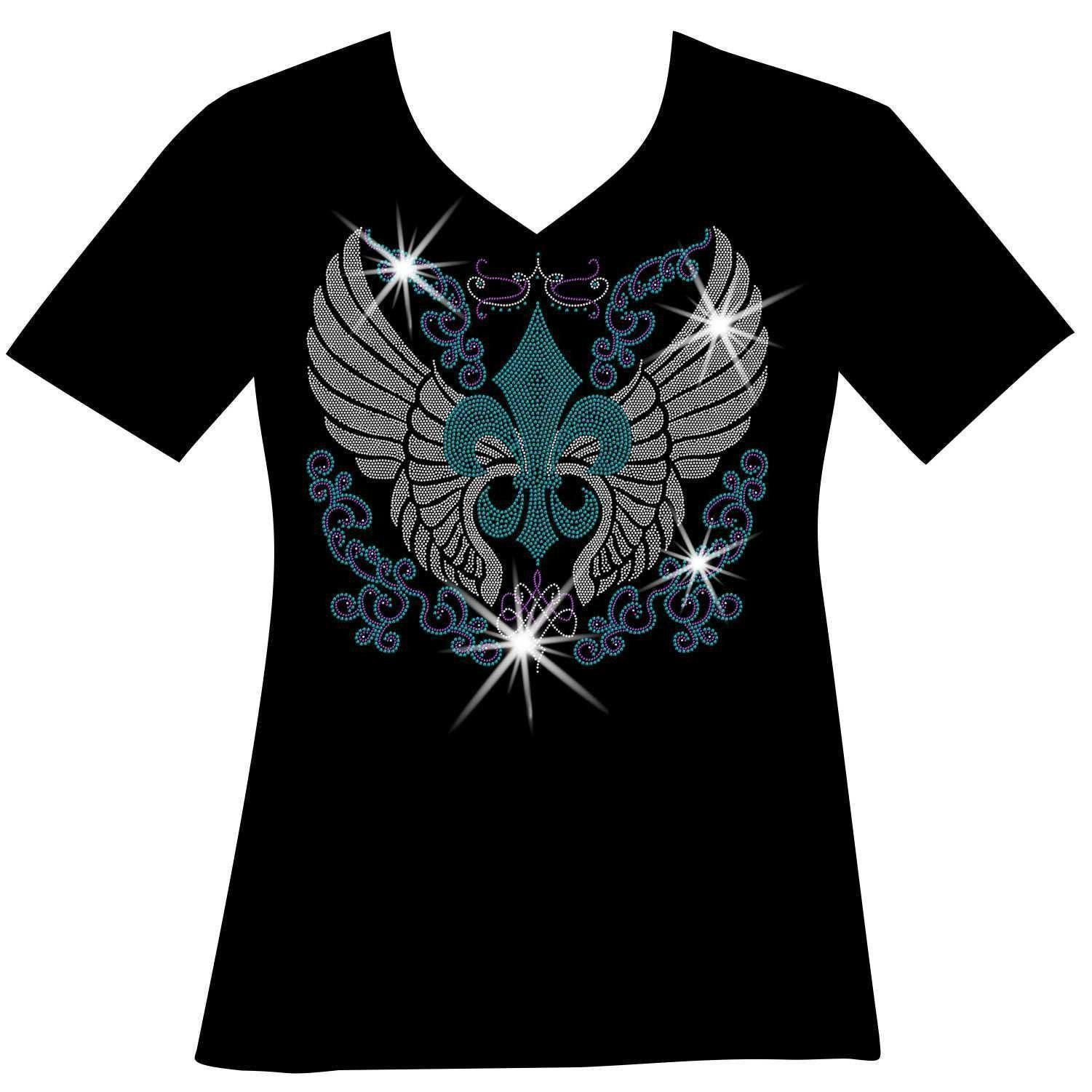 Fleur De Lis With Angel Wings Rhinestone Mega Bling Shirt, T, Custom Wing Bling, T