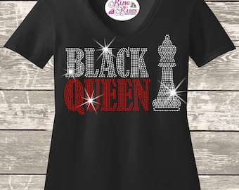 Black Queen Chess Piece Rhinestone Shirt – Sparkly Queen Bling Tee – Strong Women Statement Shirt