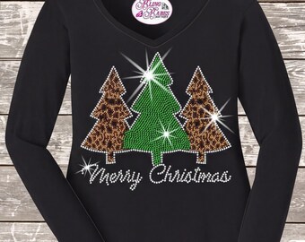 Merry Christmas Cheetah Tree Shirt, Rhinestone or Spangle Holiday Tee, Leopard Print Christmas Top