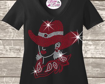 Western Rhinestone Shirt, Cowgirl Red Hat Graphic (Women's S-XL)