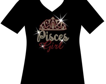 Pisces Girl Rhinestone Shirt, Zodiac Astrology Birthday Tee for Women