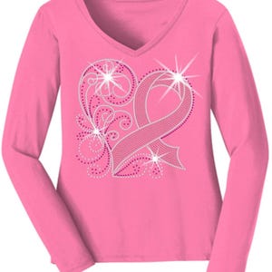 Pink Rhinestone Swirly Heart Breast Cancer Awareness Shirt, Holographic Spangle Bling Womens Tee
