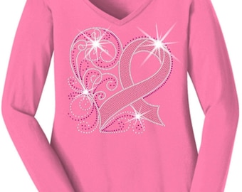Pink Rhinestone Swirly Heart Breast Cancer Awareness Shirt, Holographic Spangle Bling Womens Tee