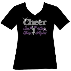 Custom Eat Sleep Cheer Repeat Cheerleader Rhinestone Bling Shirt Cheer Bling Shirt Customize Team Colors Cheer Team Pride Sparkle Cheer Aunt