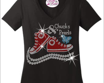 Chucks and Pearls RHINESTONE Mega Bling Shirt, Steppin into My Birthday, High Top Runner Bling, Diva Bling Shirt, Baller Galla Bling Shirt