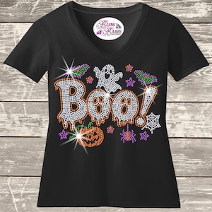 Boo Ghost Halloween rhinestone shirt featuring a cute sparkling ghost design for spooky season, Halloween parties, trick or treating and October events.