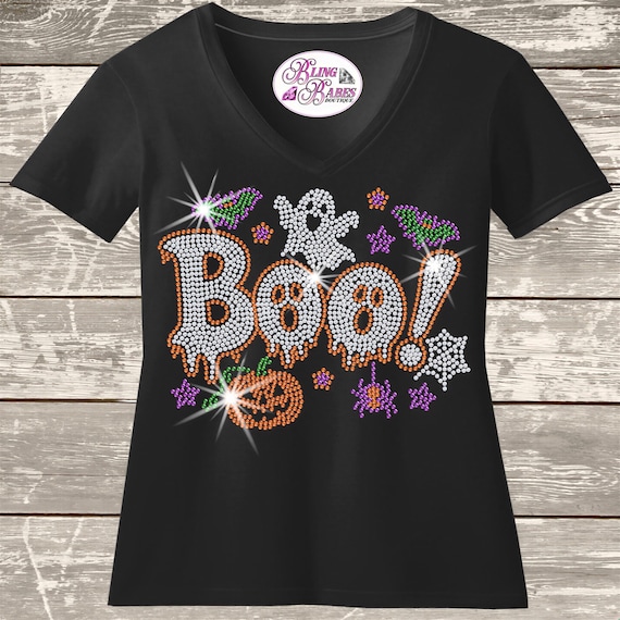 Boo Ghost Halloween Shirt, Rhinestone Ghost Tee, Cute Spooky Halloween Top, Sparkly Boo Shirt, Halloween Party Shirt, Spooky Season Tee