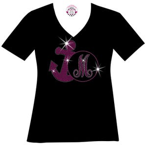 Nautical Leaning Navy Anchor with Monogram Initial Rhinestone Mega Bling, Sailing Spangle bling T, Cruise Bling T, Ladies Anchor Bling Shirt