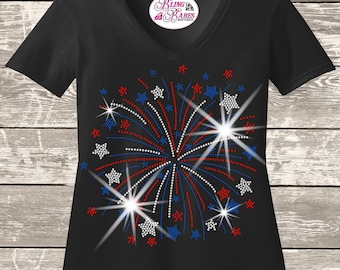 4th of July Firework and Stars Patriotic Rhinestone Bling Shirt, Independence Day, American Flag , USA Pride Spangle, Red White & Blue Shirt