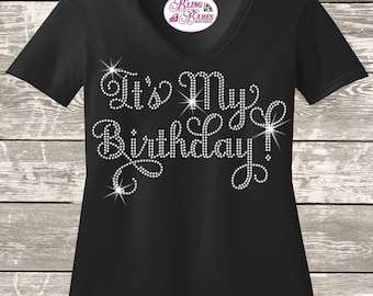 Birthday Shirt, Swirly Cursive Rhinestone Bling Top