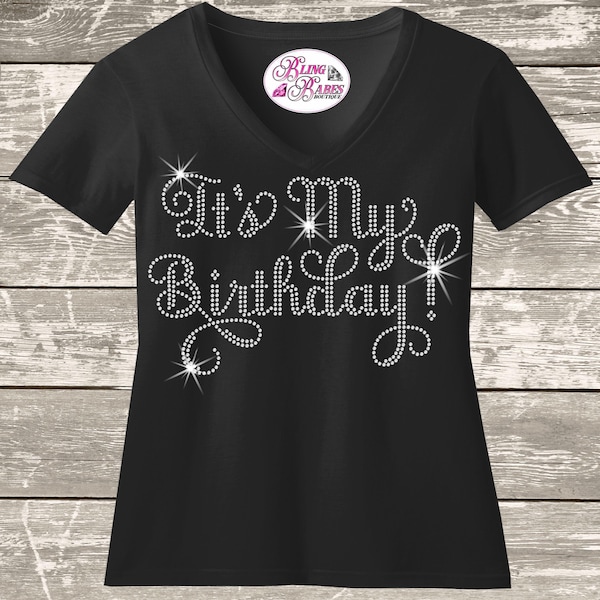 Birthday Shirt, Swirly Cursive Rhinestone Bling Top
