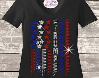 Trump 2024 Bling Shirt - Sparkly Red White and Blue Flag Design