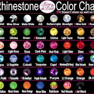 Rhinestone color chart displaying all available rhinestone colors for custom apparel, personalized designs, and custom bling creations from Bling Babes Boutique. 💎
