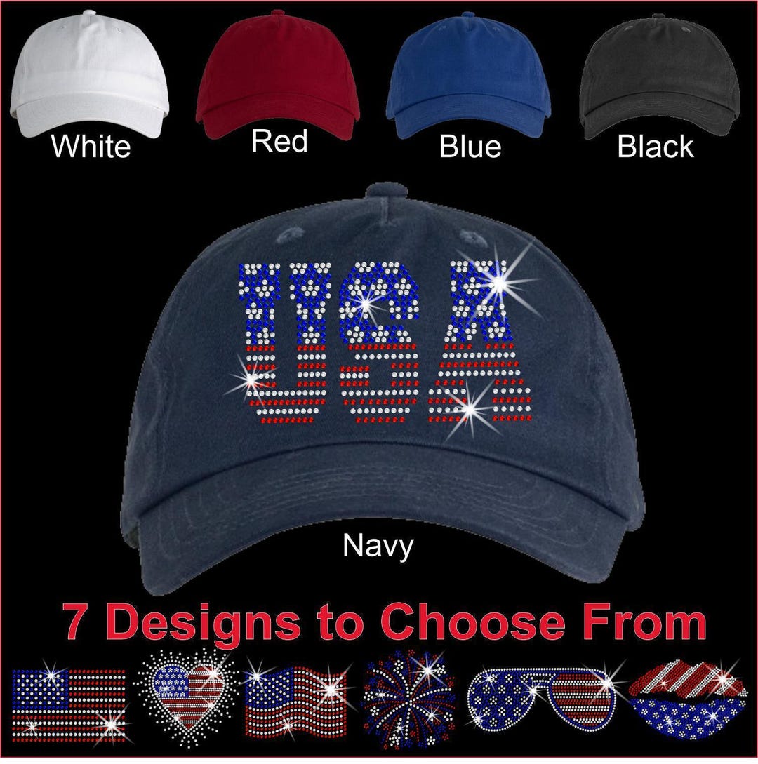 4th of July USA American Flag Rhinestone Bling Hat, Ladies 