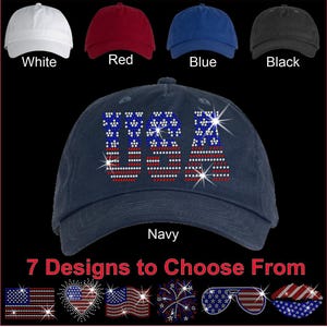 4th of July USA American Flag Rhinestone Bling Hat, Ladies Firework Red White and Blue Sparkly Stars and Stripes Adjustable Unstructured Hat