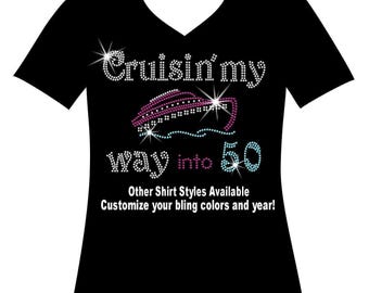 Rhinestone Birthday Cruise Shirt, Customizable Bling T-shirt, Matching Squad Hoodies