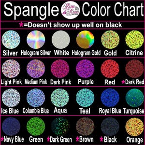 Spangle color chart displaying all available spangle colors for custom apparel, personalized designs, and custom sparkle creations from Bling Babes Boutique.